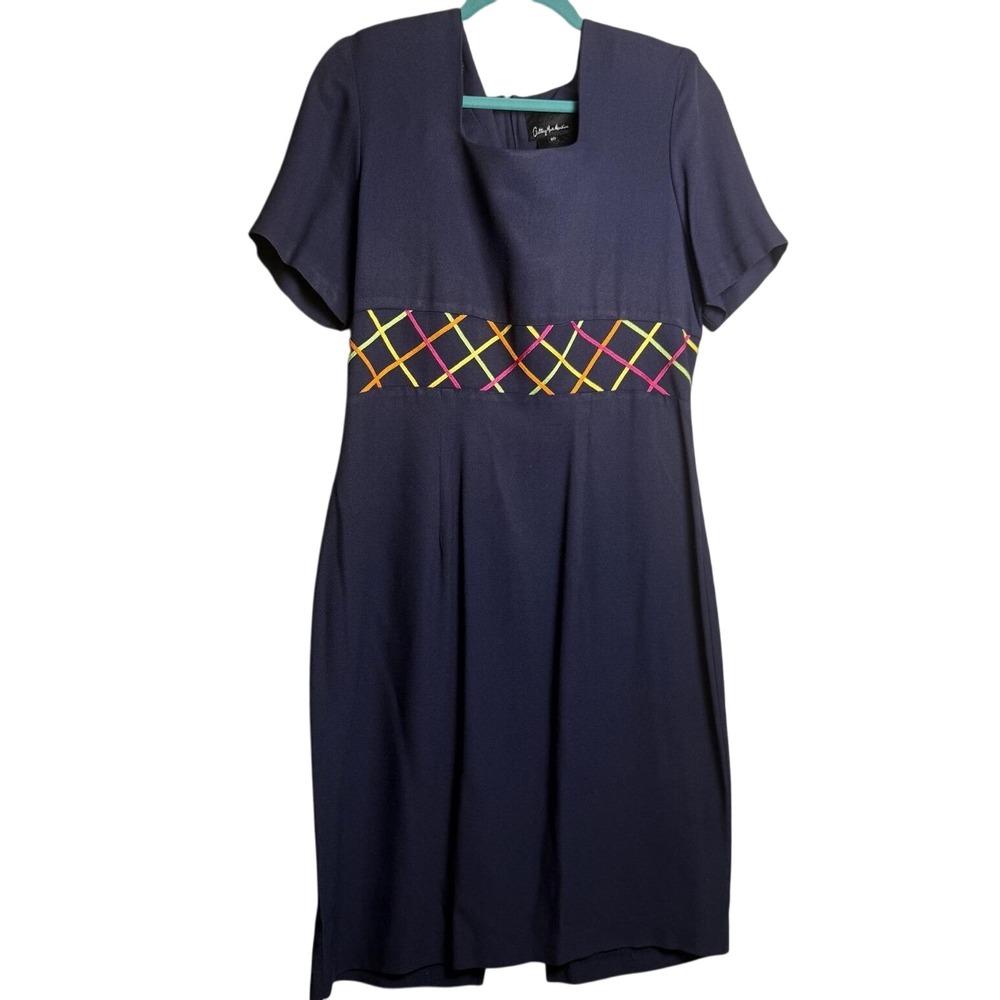 Vintage 90s USA Made Rainbow Embroidery Navy‎ Blue Sheath Midi Dress LARGE/10